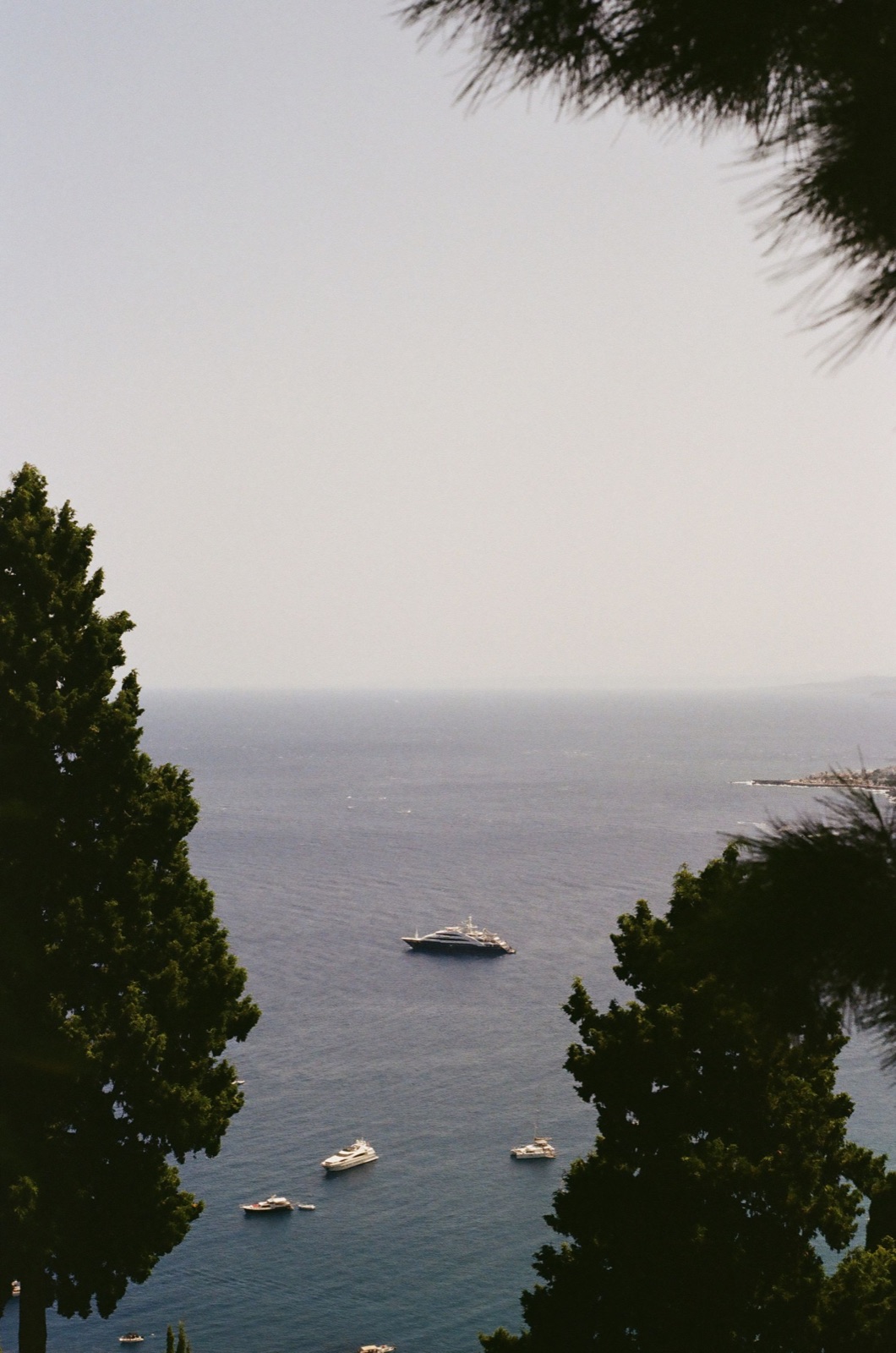 Superyacht at anchor off a Mediterranean coast, framed by pines